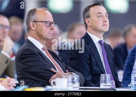 46. Landesparteitag der CDU Nordrhein-Westfalen AM 28.09.2024 in der Halle Münsterland in Münster Friedrich Merz Bundesparteivorsitzender CDU *** 46 Conférence des États parties de la CDU Rhénanie-du-Nord-Westphalie le 28 09 2024 dans la salle Münsterland à Münster Friedrich Merz Président du Parti fédéral CDU xJRx Banque D'Images