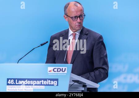 46. Landesparteitag der CDU Nordrhein-Westfalen AM 28.09.2024 in der Halle Münsterland in Münster Friedrich Merz Bundesparteivorsitzender CDU *** 46 Conférence des États parties de la CDU Rhénanie-du-Nord-Westphalie le 28 09 2024 dans la salle Münsterland à Münster Friedrich Merz Président du Parti fédéral CDU xJRx Banque D'Images