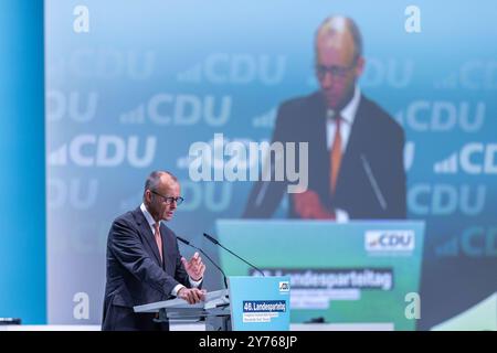 46. Landesparteitag der CDU Nordrhein-Westfalen AM 28.09.2024 in der Halle Münsterland in Münster Friedrich Merz Bundesparteivorsitzender CDU *** 46 Conférence des États parties de la CDU Rhénanie-du-Nord-Westphalie le 28 09 2024 dans la salle Münsterland à Münster Friedrich Merz Président du Parti fédéral CDU xJRx Banque D'Images