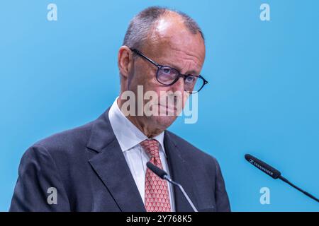 46. Landesparteitag der CDU Nordrhein-Westfalen AM 28.09.2024 in der Halle Münsterland in Münster Friedrich Merz Bundesparteivorsitzender CDU *** 46 Conférence des États parties de la CDU Rhénanie-du-Nord-Westphalie le 28 09 2024 dans la salle Münsterland à Münster Friedrich Merz Président du Parti fédéral CDU xJRx Banque D'Images