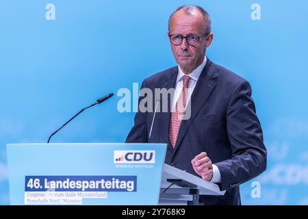 46. Landesparteitag der CDU Nordrhein-Westfalen AM 28.09.2024 in der Halle Münsterland in Münster Friedrich Merz Bundesparteivorsitzender CDU *** 46 Conférence des États parties de la CDU Rhénanie-du-Nord-Westphalie le 28 09 2024 dans la salle Münsterland à Münster Friedrich Merz Président du Parti fédéral CDU xJRx Banque D'Images