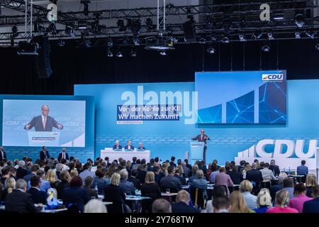 46. Landesparteitag der CDU Nordrhein-Westfalen AM 28.09.2024 in der Halle Münsterland in Münster Friedrich Merz Bundesparteivorsitzender CDU *** 46 Conférence des États parties de la CDU Rhénanie-du-Nord-Westphalie le 28 09 2024 dans la salle Münsterland à Münster Friedrich Merz Président du Parti fédéral CDU xJRx Banque D'Images