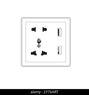 Prise murale multiple de type 86 à 2 contacts avec prise femelle de 2 ports USB, illustration vectorielle de style contour Illustration de Vecteur