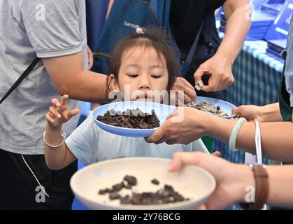 Nanning, région autonome chinoise du Guangxi Zhuang. 28 septembre 2024. Une fille essaie des produits de chocolat australiens au pavillon international Belt and Road lors de la 21e exposition Chine-ASEAN à Nanning, dans la région autonome du Guangxi Zhuang, au sud de la Chine, le 28 septembre 2024. Les produits des pays de l'Association des Nations de l'Asie du Sud-est (ASEAN), tels que les durians, les biscuits et le bois de rose, ainsi que ceux d'autres pays, y compris les saucisses russes et les peluches d'alpaga péruvien, ont connu une grande popularité lors de la 21e exposition Chine-ASEAN à Nanning. Crédit : Zhou Hua/Xinhua/Alamy Live News Banque D'Images