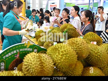 Nanning, région autonome chinoise du Guangxi Zhuang. 28 septembre 2024. Les visiteurs achètent des durians malaisiens lors de la 21e exposition Chine-ASEAN à Nanning, dans la région autonome du Guangxi Zhuang, au sud de la Chine, le 28 septembre 2024. Les produits des pays de l'Association des Nations de l'Asie du Sud-est (ASEAN), tels que les durians, les biscuits et le bois de rose, ainsi que ceux d'autres pays, y compris les saucisses russes et les peluches d'alpaga péruvien, ont connu une grande popularité lors de la 21e exposition Chine-ASEAN à Nanning. Crédit : Zhou Hua/Xinhua/Alamy Live News Banque D'Images