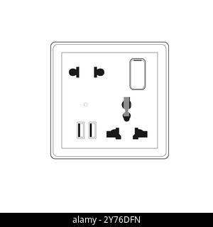 Prise secteur 2 et 3 broches multicommutation avec USB et néons Illustration de Vecteur