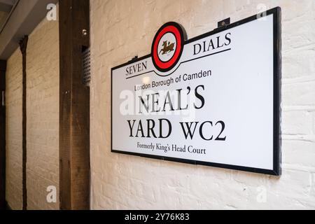 Londres, Royaume-Uni - 25 juillet 2024 : Colurful Neals Yard Courtyard. Neal's Yard est une petite ruelle de Covent Garden à Londres. Lieu touristique populaire. Banque D'Images