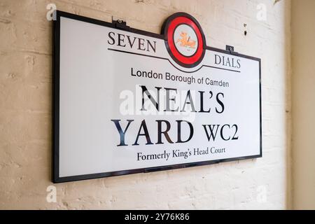 Londres, Royaume-Uni - 25 juillet 2024 : Colurful Neals Yard Courtyard. Neal's Yard est une petite ruelle de Covent Garden à Londres. Lieu touristique populaire. Banque D'Images