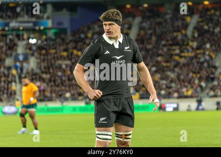 Wellington, Nouvelle-Zélande. 28 septembre 2024. Le capitaine néo-zélandais Scott Barrett donne le ton. New Zealand All Blacks vs Australie. Championnat de rugby, deuxième épreuve de la Bledisloe Cup. Wellington. Nouvelle-Zélande. La Nouvelle-Zélande bat l'Australie 33-13 (HT 19-13). (Joe Serci/SPP) crédit : SPP Sport Press photo. /Alamy Live News Banque D'Images