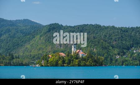 Un lac tranquille reflète la verdure vibrante qui entoure ses rives, avec une île charmante avec une église nichée dans le centre, invitant les visiteurs à se prélasser dans la splendeur de la nature. Banque D'Images