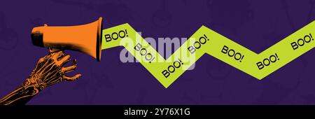 Main squelettique tenant le mégaphone, projetant le mot BOO sur fond violet foncé. Promotion d'une fête d'horreur. Collage créatif. Banque D'Images