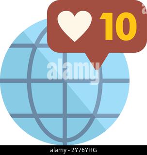 Globe bleu avec dix nouvelles notifications Likes avec icône en forme de coeur Illustration de Vecteur