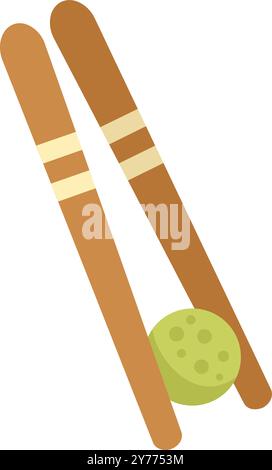 Balle verte frappant des guichets de cricket, équipement de jeu de cricket montrant des guichets en bois sur le point d'être touchés par une balle verte Illustration de Vecteur