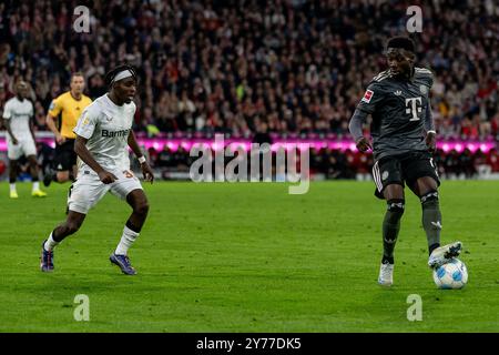 Alphonso Davies (FC Bayern Muenchen, #19) erwartet Jeremie Frimpong (Bayer 04 Leverkusen, #30). GER, FC Bayern Muenchen gegen Bayer 04 Leverkusen, Fussball, Bundesliga, 5. Spieltag, Spielzeit 2024/2025, 28.09.2024. (LA RÉGLEMENTATION DFB DU DFL INTERDIT TOUTE UTILISATION DE PHOTOGRAPHIES COMME SÉQUENCES D'IMAGES ET/OU QUASI-VIDÉO). Foto : Eibner-Pressefoto/Heike Feiner Banque D'Images