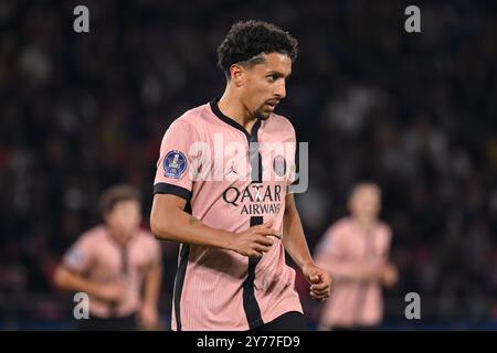 Paris, France. 28 septembre 2024. Julien Mattia/le Pictorium - 6e Journee de ligue 1 : PSG-stade Rennais au Parc des Princes, le 27 septembre 2024 - 28/09/2024 - France/Ile-de-France (région)/Paris - Marquinhos du PSG lors du 6e Journee de ligue 1 Mc Donald's, entre PSG et stade Rennais au Parc des Princes, LE 27 septembre 2024 crédit : LE PICTORIUM/Alamy Live News Banque D'Images