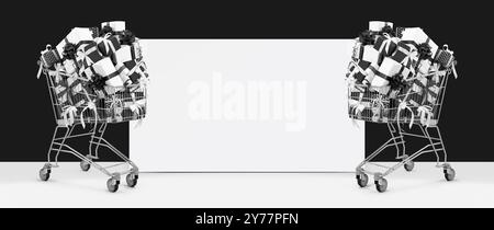 Black Friday chariot rempli de boîtes cadeaux noir et blanc orné de rubans, isolé avec poster vierge avec espace de copie. Bannière à vendre Banque D'Images