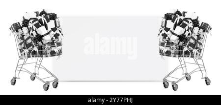 Black Friday chariot rempli de boîtes cadeaux noir et blanc orné de rubans, isolé avec poster vierge avec espace de copie. Bannière à vendre Banque D'Images