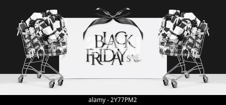Black Friday chariot rempli de coffrets cadeaux noir et blanc ornés de rubans, isolé avec affiche avec texte. Bannière pour la promotion des ventes, Banque D'Images