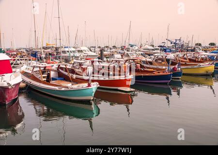 Pinaces colorées et bateaux dans le port d'Arcachon en France Banque D'Images