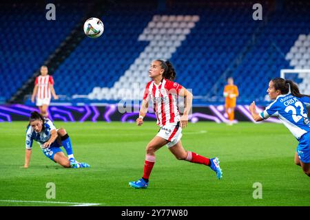 Coruña, Espagne. 28 septembre 2024. Football féminin en première division. RC Deportivo Abanca vs Athletic Club Bilbao. Stade Riazor. Nerea Nevado crédit : Ismael Miján/Alamy Live News Banque D'Images