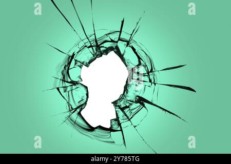 Un trou dans le verre vert. Fenêtre cassée avec texture de fissures, effet pour les solutions de conception Banque D'Images