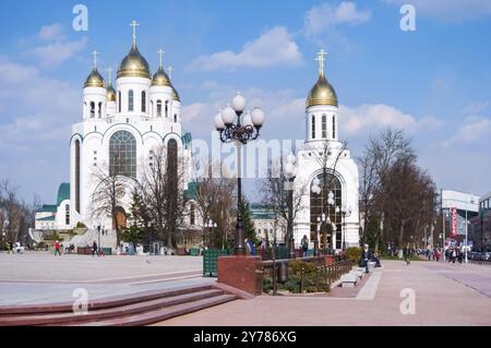 Colonne triomphale, Cathédrale du Christ Sauveur, place de la victoire, Kaliningrad, Russie, 6 avril, 2019, Europe Banque D'Images