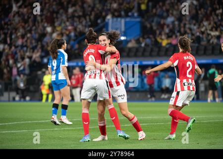 Coruña, Espagne. 28 septembre 2024. Football féminin en première division. RC Deportivo Abanca vs Athletic Club Bilbao. Stade Riazor. Célébration des objectifs crédit : Ismael Miján/Alamy Live News Banque D'Images