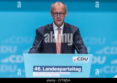 46. Landesparteitag der CDU Nordrhein-Westfalen AM 28.09.2024 in der Halle Münsterland in Münster Friedrich Merz Bundesparteivorsitzender CDU *** 46 Conférence des États parties de la CDU Rhénanie-du-Nord-Westphalie le 28 09 2024 dans la salle Münsterland à Münster Friedrich Merz Président du Parti fédéral CDU xJRx Banque D'Images