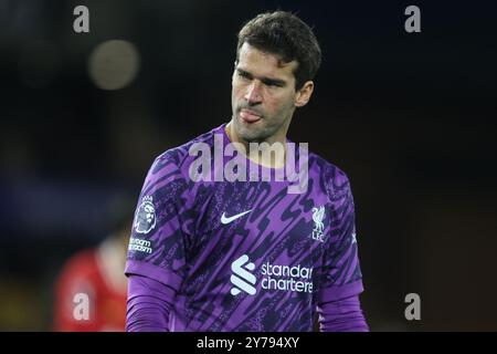 Wolverhampton, Royaume-Uni. 29 septembre 2024. Alisson Becker de Liverpool lors du match de premier League Wolverhampton Wanderers vs Liverpool à Molineux, Wolverhampton, Royaume-Uni, 28 septembre 2024 (photo par Alfie Cosgrove/News images) à Wolverhampton, Royaume-Uni le 29/09/2024. (Photo par Alfie Cosgrove/News images/SIPA USA) crédit : SIPA USA/Alamy Live News Banque D'Images