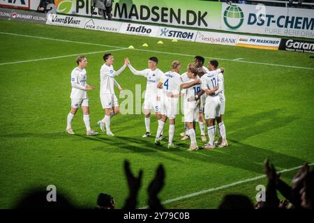 Kolding, Danemark. 28 septembre 2024. Momodou Sarr (9) de Kolding IF égalise pour 1-1 lors du match NordicBet Liga entre Kolding IF et Odense BK à Autocentralen Parke à Kolding. Banque D'Images