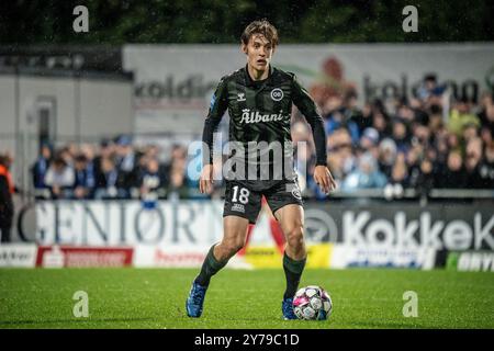 Kolding, Danemark. 28 septembre 2024. Max Ejdum (18 ans) d'Odense BK vu lors du match NordicBet Liga entre Kolding IF et Odense BK à Autocentralen Parke à Kolding. Banque D'Images
