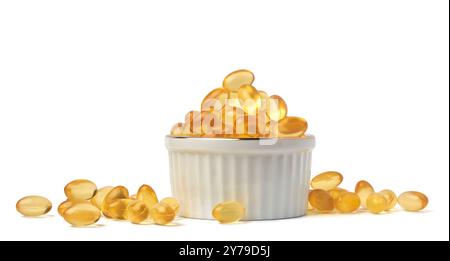 capsules d'huile de poisson ou pilules dans la tasse fond blanc isolé, compléments alimentaires riches en acides gras oméga 3 dispersés Banque D'Images