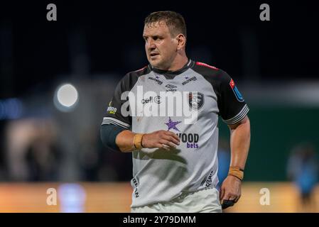 Galway, Irlande. 29 septembre 2024. Ruan Dreyer des Sharks lors du match de la ronde 2 du United Rugby Championship entre Connacht Rugby et Hollywoodbets Sharks au stade Dexcom de Galway, Irlande le 28 septembre 2024 (photo by Andrew SURMA/ Credit : Sipa USA/Alamy Live News Banque D'Images