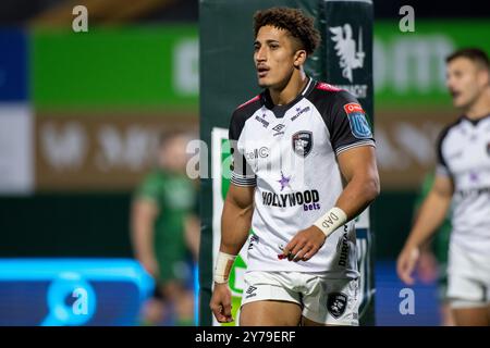 Galway, Irlande. 29 septembre 2024. Jordan Hendrikse of Sharks lors du match United Rugby Championship Round 2 entre Connacht Rugby et Hollywoodbets Sharks au stade Dexcom de Galway, Irlande le 28 septembre 2024 (photo by Andrew SURMA/ Credit : Sipa USA/Alamy Live News Banque D'Images