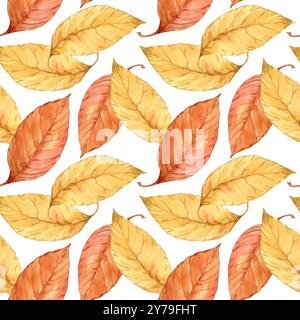 Texture sans couture. Feuilles d'automne peintes à l'aquarelle sur un fond isolé. Feuille automne 2024, jaune, feuilles rouges pour l'impression sur tissu, papier, Banque D'Images