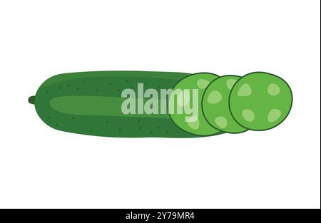 illustration d'un concombre entier avec des tranches placées sur le côté isolé. Illustration de Vecteur
