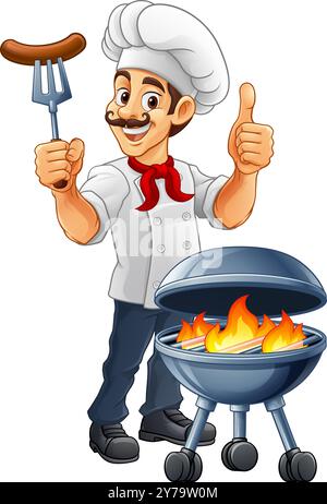 Chef Cartoon barbecue Cook Man Mascot personnage Illustration de Vecteur