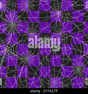 Motif à carreaux d'Halloween. Papier peint noir et violet psychédélique avec toile d'araignée. Fond groovy. Illustration vectorielle rétro dans le style Y2K Illustration de Vecteur
