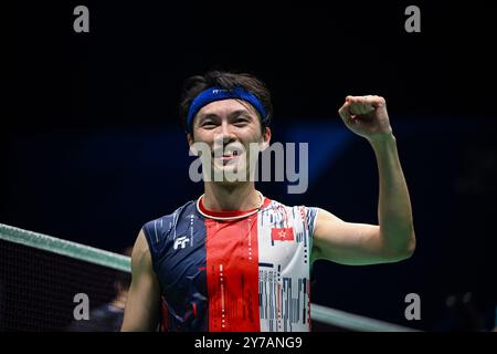 Macao, Chine. 29 septembre 2024. Ng Ka long Angus célèbre sa victoire en finale masculine entre Ng Ka long Angus de Hong Kong et Jia Heng Jason Teh de Singapour au Macao Open Badminton 2024 à Macao, dans le sud de la Chine, le 29 septembre 2024. Crédit : Cheong Kam Ka/Xinhua/Alamy Live News Banque D'Images