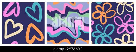 Ensemble de motifs sans couture ludique naïf avec Doodle Hearts, Daisy et lignes ondulées. Arrière-plans tendances psychédéliques contemporains en couleurs néon. Design coloré pour papier d'emballage, housses et tissu. Illustration de Vecteur