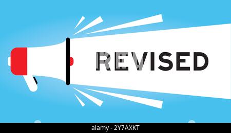Icône de mégaphone de couleur avec le mot révisé dans la bannière blanche sur fond bleu Illustration de Vecteur