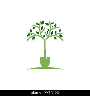 Logo de paysage vecteur feuilles d'arbre et pelle. Logo concept Tree Pelle. Icône de jardinier paysagiste. Emblème de service de jardinage. symbole d'entreprise d'aménagement paysager. Illustration de Vecteur