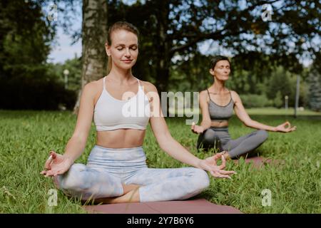 Jeune maman et sa mère senior médiant dans le parc vert, ils sont assis sur des tapis de yoga et immergés dans les pensées Banque D'Images