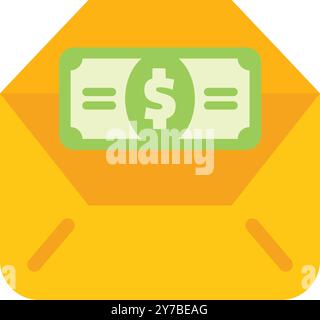 Enveloppe jaune ouverte contenant un billet en dollars représentant des opérations bancaires en ligne, un transfert d'argent ou l'envoi d'un paiement Illustration de Vecteur