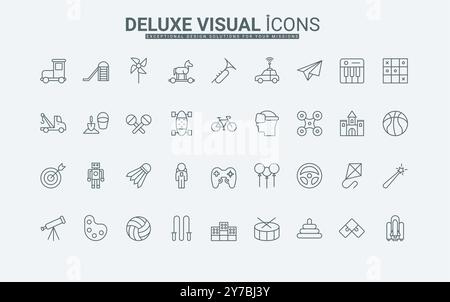 Jouets pour bébés enfants, aire de jeux et équipement de parc, jeux enfantins icônes de ligne. Jardin d'enfants et bac à sable, jouets de zone de loisirs, illustration vectorielle de symboles de contour noir mince de loisirs. Illustration de Vecteur