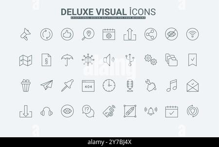 Mise à jour logicielle, téléchargement, partage de fichiers, documents, paiement, rappel de calendrier, illustration vectorielle de symboles de contour noir mince de microphone. Icônes de ligne de service en ligne définies pour l'application mobile. Illustration de Vecteur