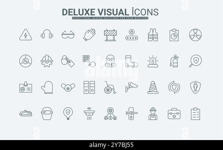 Vêtements de travail sécurisés personnels et lunettes, protection contre les risques d'accidents et illustration vectorielle de symboles de contour noir mince d'invalidité. Règles de santé et de sécurité au travail icônes de ligne définies. Illustration de Vecteur