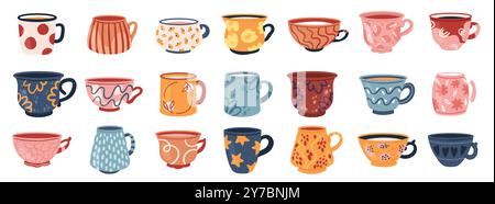 Variété d'illustration vectorielle de tasses et de tasses vintage à motifs uniques, chacune avec des formes et des dessins distincts. Service de tasse de thé anglais cérémonie du thé de l'après-midi rétro créativité en céramique et verres Illustration de Vecteur