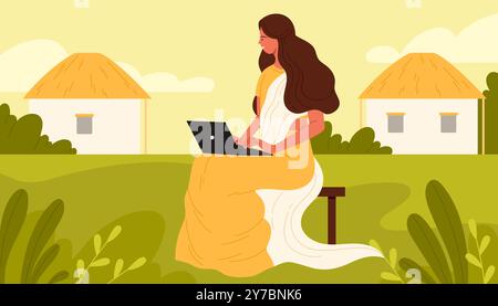 Femme indienne travaillant avec un ordinateur portable dans un paysage rural agricole avec des maisons de village et une pelouse verte. Jeune femme d'affaires avec de longs cheveux et sari traditionnel assis sur la chaise tapant illustration vectorielle de dessin animé Illustration de Vecteur