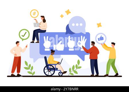 Écoute active pour une meilleure compréhension, compétences douces de la communication d'entreprise. De minuscules personnes écoutent la parole avec empathie, en utilisant le langage corporel non verbal et l'illustration vectorielle de dessin animé de gestes Illustration de Vecteur